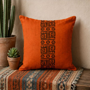 Rust Orange Geometric Greek Key Tribal Black Aztec Cushion