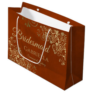 Rust Orange & Gold Curls Elegant Bridesmaid Large Gift Bag