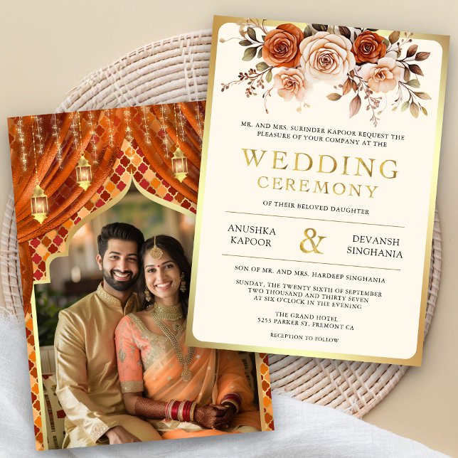 Rust Orange Gold Floral Indian Hindu Photo Wedding Invitation (Creator Uploaded)