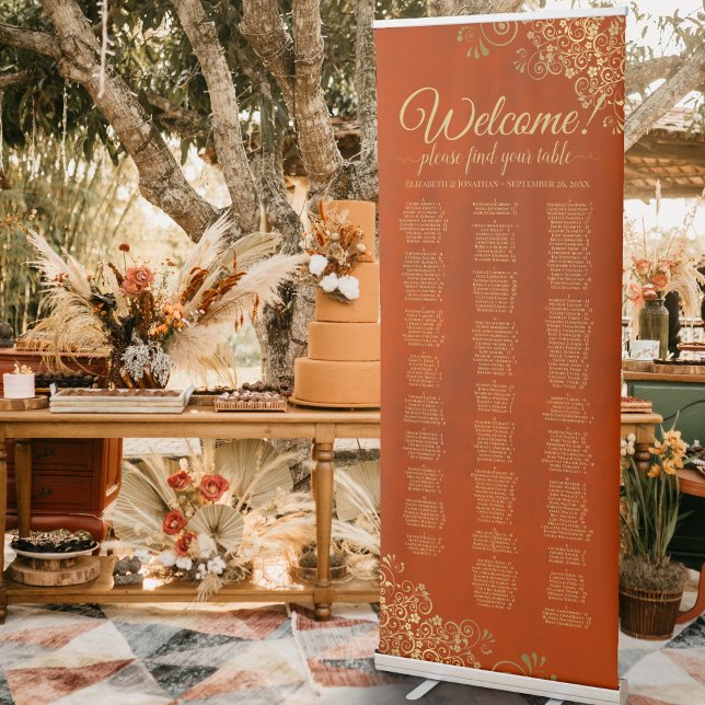 Rust Orange & Gold Glam Alphabetical Seating Chart Retractable Banner (Creator Uploaded)