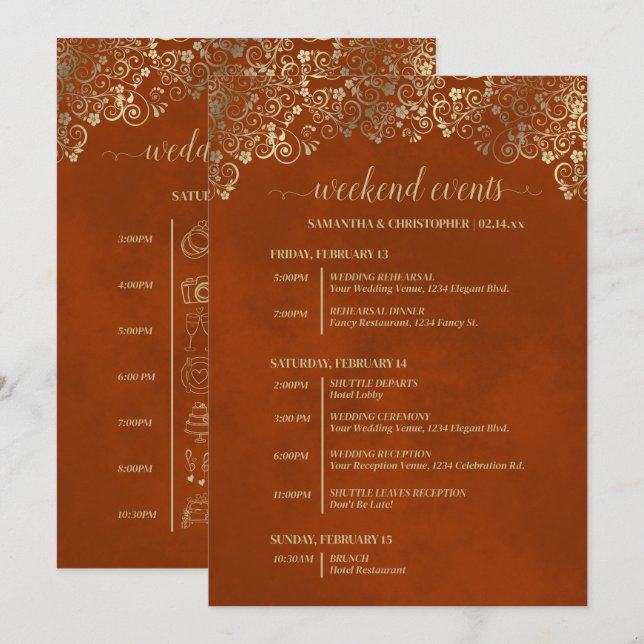 Rust Orange & Gold Glam Wedding Events & Timeline Programme (Front/Back)
