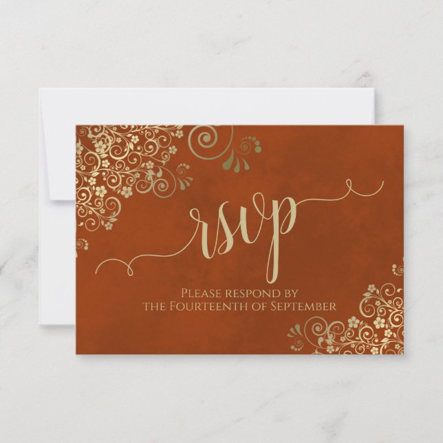 Rust Orange Gold Lace Elegant Calligraphy Wedding RSVP Card (Front)