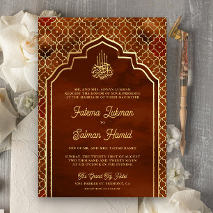 Rust Orange Gold Moroccan Arch Muslim Wedding Invitation