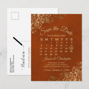 Rust Orange & Gold Wedding Save the Date Calendar Announcement Postcard