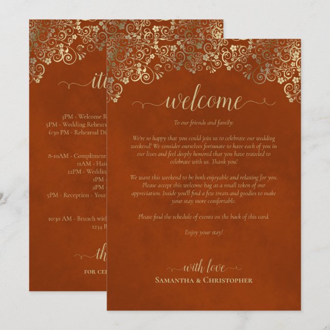 Rust Orange & Gold Wedding Welcome & Itinerary Programme (Front/Back)
