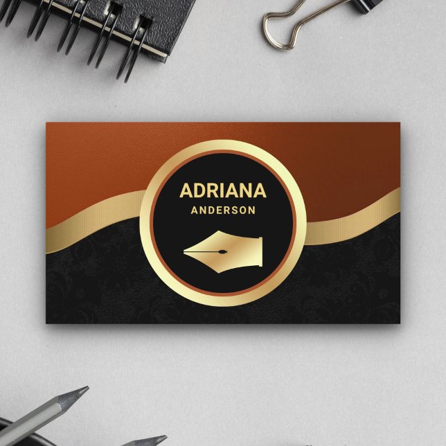 Rust Orange Lawyer Attorney Gold Pen Nib Notary Business Card (Creator Uploaded)