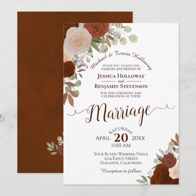 Rust Orange & Peach Watercolor Roses Wedding Invitation (Front/Back)
