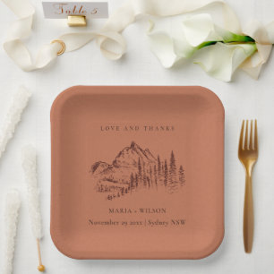 Rust Orange Pine Woods Mountain Sketch Wedding Paper Plate
