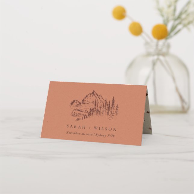 Rust Orange Pine Woods Mountain Sketch Wedding  Place Card (Front)