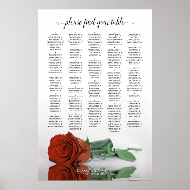 Rust Orange Rose Chic Alphabetical Seating Chart (Front)