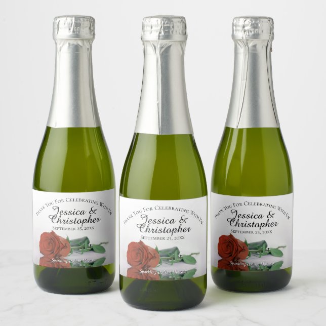 Rust Orange Rose Classy Wedding Thank You Mini Sparkling Wine Label (Bottles)
