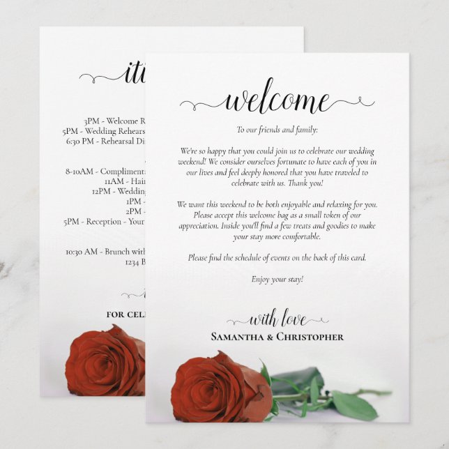 Rust Orange Rose Wedding Welcome & Itinerary Programme (Front/Back)