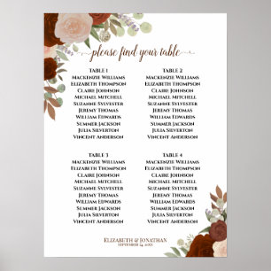 Rust Orange Roses 4 Table Wedding Seating Chart