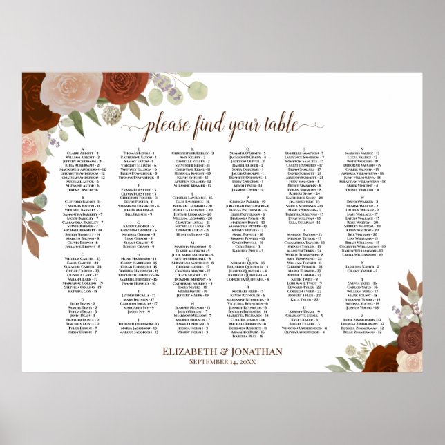 Rust Orange Roses Alphabetical Seating Chart (Front)