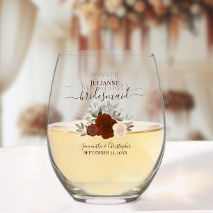 Rust Orange Roses Bridesmaid Maid of Honour Gift Stemless Wine Glass