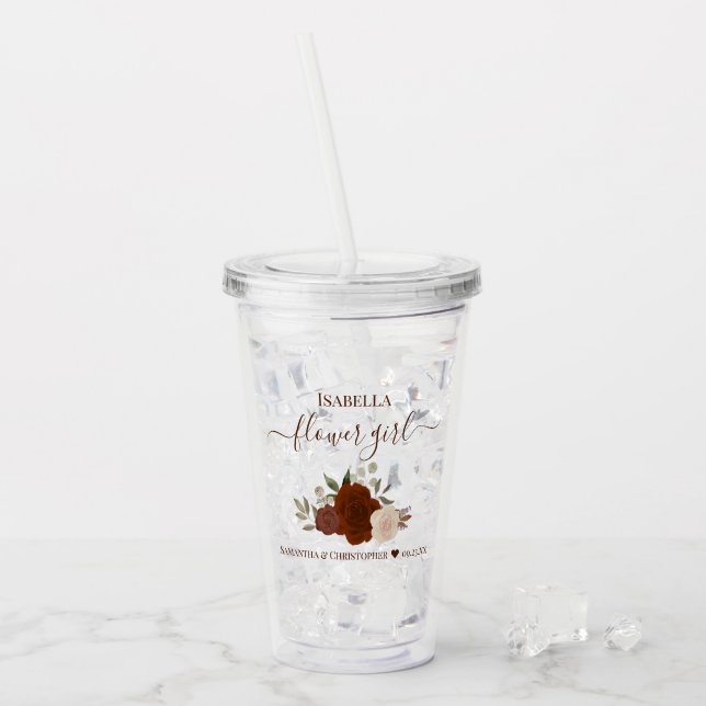 Rust Orange Roses Elegant Flower Girl Wedding Acrylic Tumbler (Front Ice)
