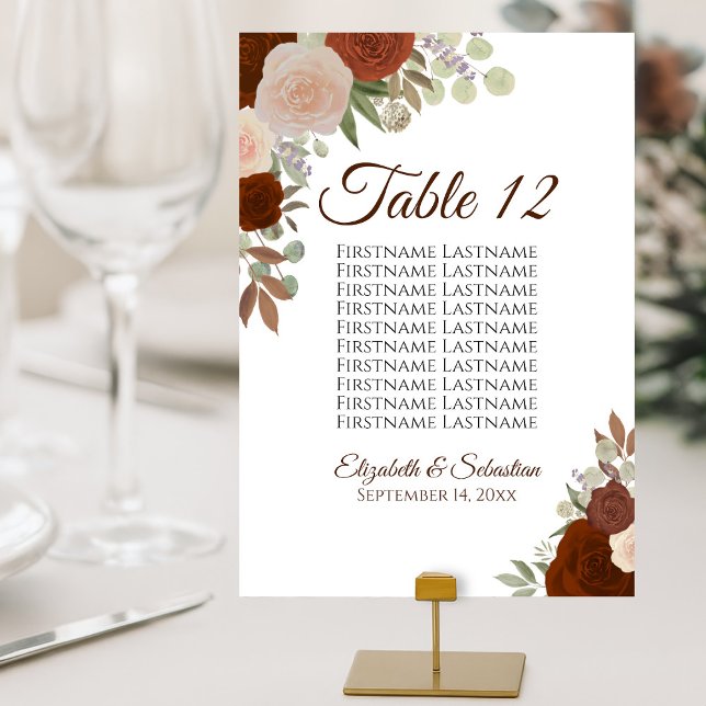 Rust Orange Roses Elegant Wedding Seating Chart Table Number (These are small cards designed for table display)