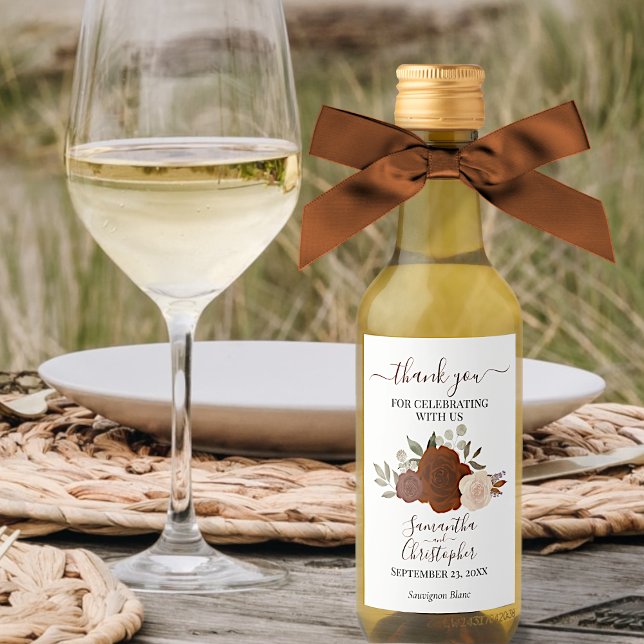 Rust Orange Roses Elegant Wedding Thank You Mini Wine Label (Creator Uploaded)