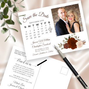 Rust Orange Roses Photo & Calendar Save the Date Announcement Postcard
