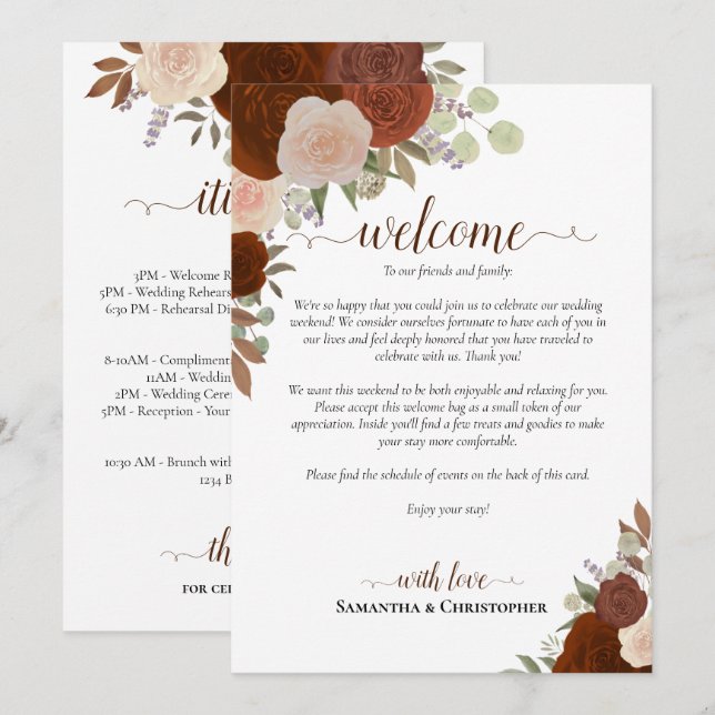 Rust Orange Roses Wedding Welcome & Itinerary Programme (Front/Back)