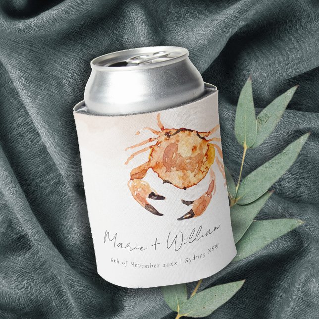 Rust Orange Sand Coastal Crab Nautical Wedding Can Cooler (Creator Uploaded)