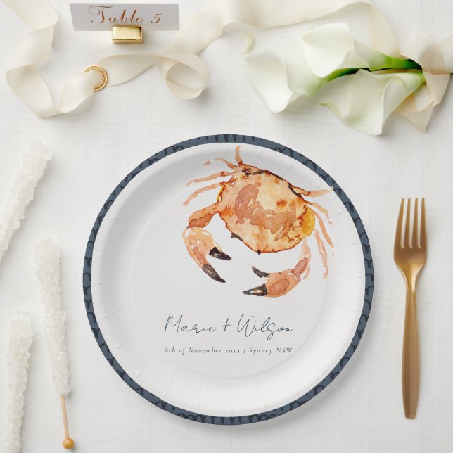Rust Orange Sand Coastal Crab Nautical Wedding Paper Plate (Wedding)