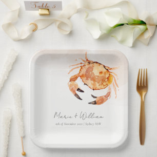 Rust Orange Sand Coastal Crab Nautical Wedding Paper Plate