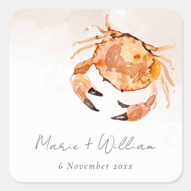 Rust Orange Sand Coastal Crab Nautical Wedding Square Sticker (Front)