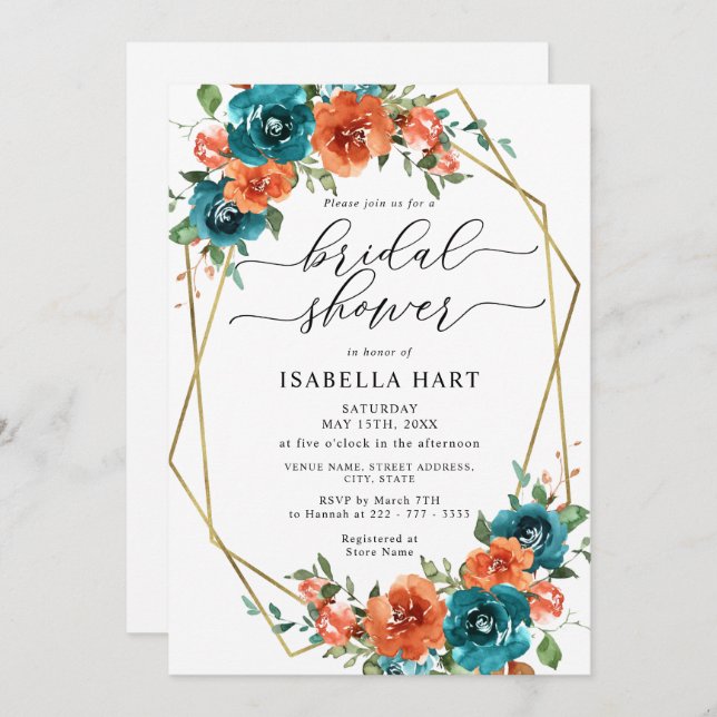 Rust Orange Teal Burnt Gold Floral Bridal Shower Invitation (Front/Back)