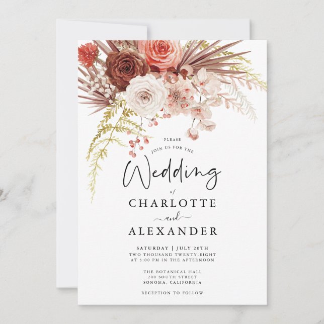 Rust Orange Terracotta Floral Palmetto Wedding Invitation (Front)
