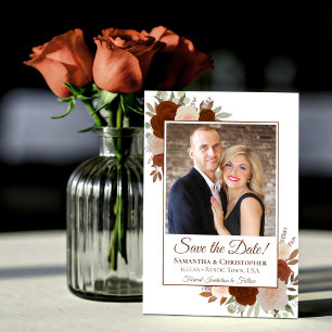 Rust Orange Watercolor Boho Roses & Photo Wedding Save The Date