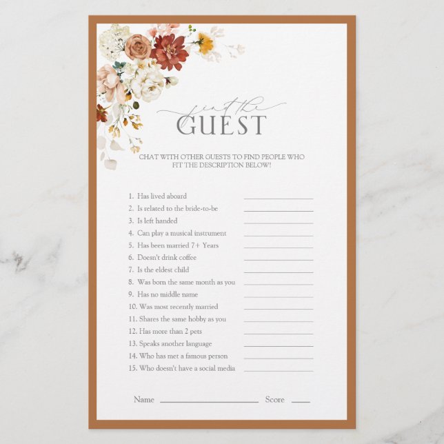 Rust Orange Watercolor Floral Bridal Shower Game (Front)