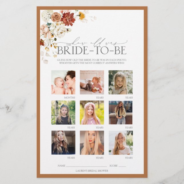 Rust Orange Watercolor Floral Bridal Shower Game (Front)