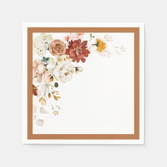 Rust Orange Watercolor Floral Bridal Shower Napkin (Front)
