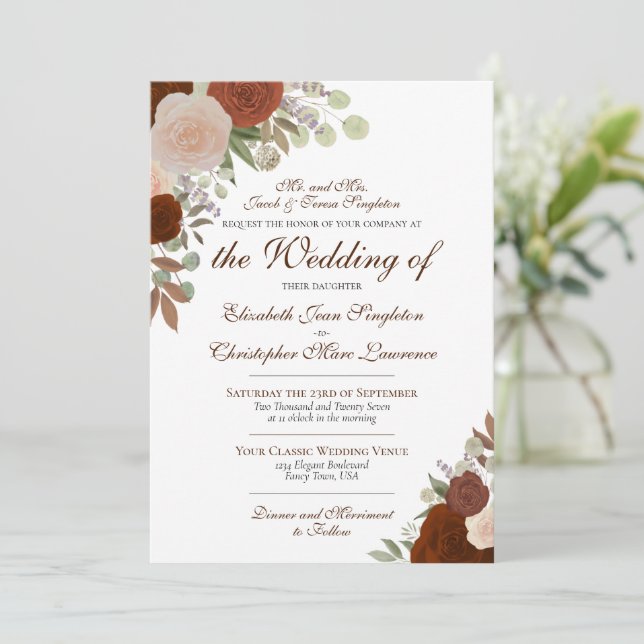 Rust Orange Watercolor Roses Formal Wedding Invitation (Standing Front)