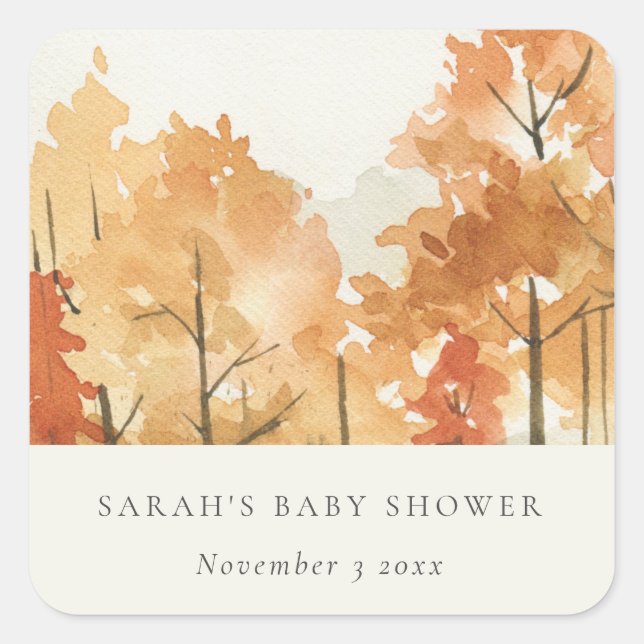 Rust Orange Yellow Autumn Fall Tree Baby Shower Square Sticker (Front)