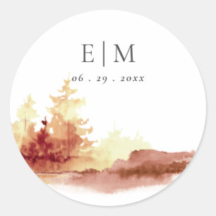 Rust Orange Yellow Fall Trees Monogram Wedding Classic Round Sticker