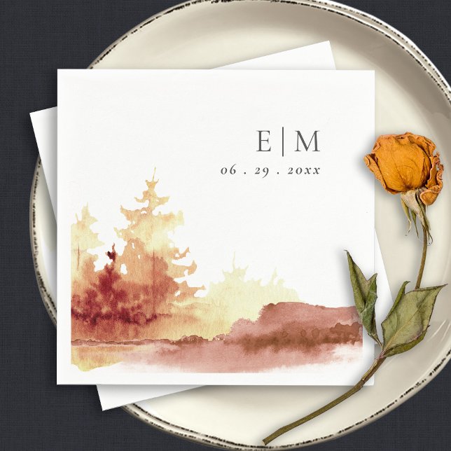 Rust Orange Yellow Fall Trees Monogram Wedding Napkin (Creator Uploaded)