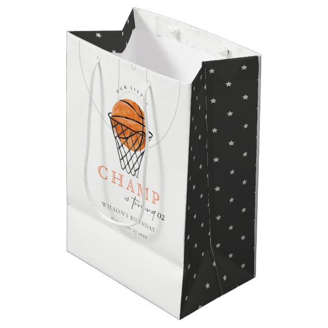 Rust Our Little Champ Basketball Any Age Birthday Medium Gift Bag (Front Angled)
