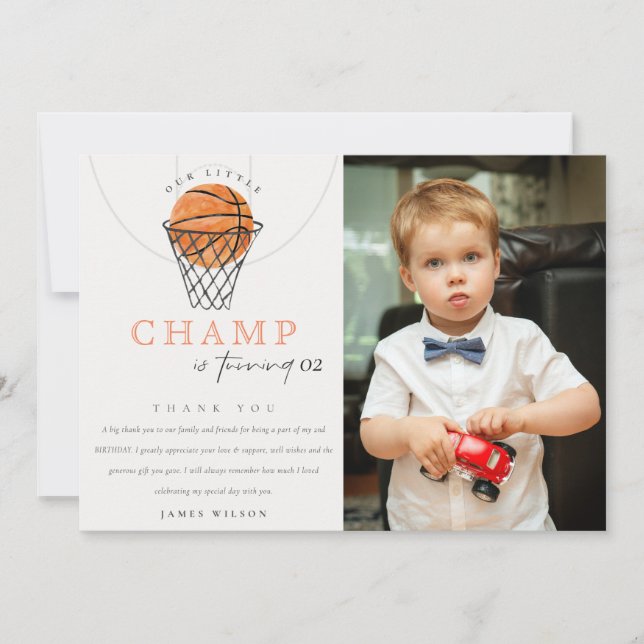 Rust Our Little Champ Basketball Photo Birthday Thank You Card (Front)