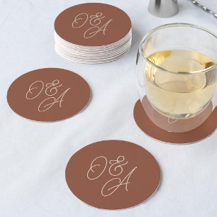 Rust Oversized Script Monogram Wedding Round Paper Coaster