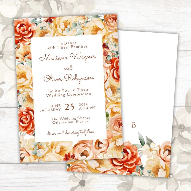 Rust Peach Beige White Romantic Floral Wedding Invitation (Creator Uploaded)