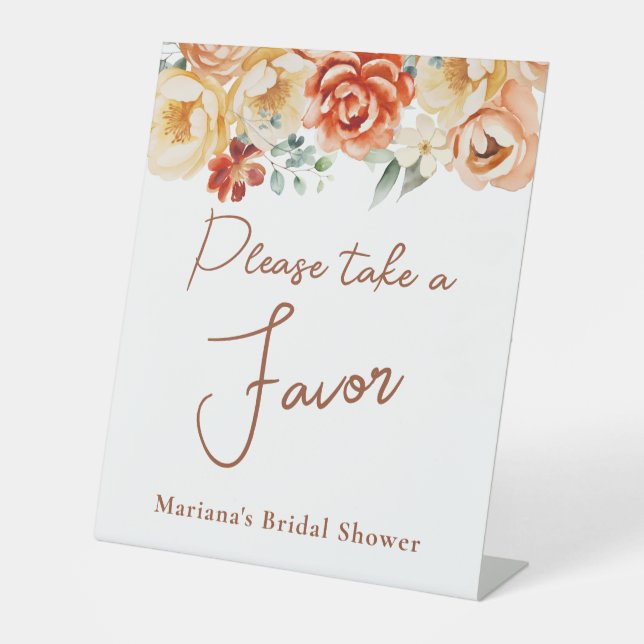 Rust Peach Floral Bridal Wedding Favours Pedestal Sign (Front)
