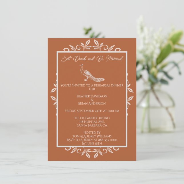 Rust Peacock Flourish Rehearsal Dinner Invitation (Standing Front)