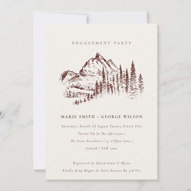 Rust Pine Woods Mountain Sketch Engagement Invite (Front)