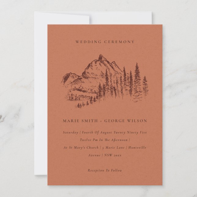 Rust Pine Woods Mountain Sketch Wedding Invite (Front)