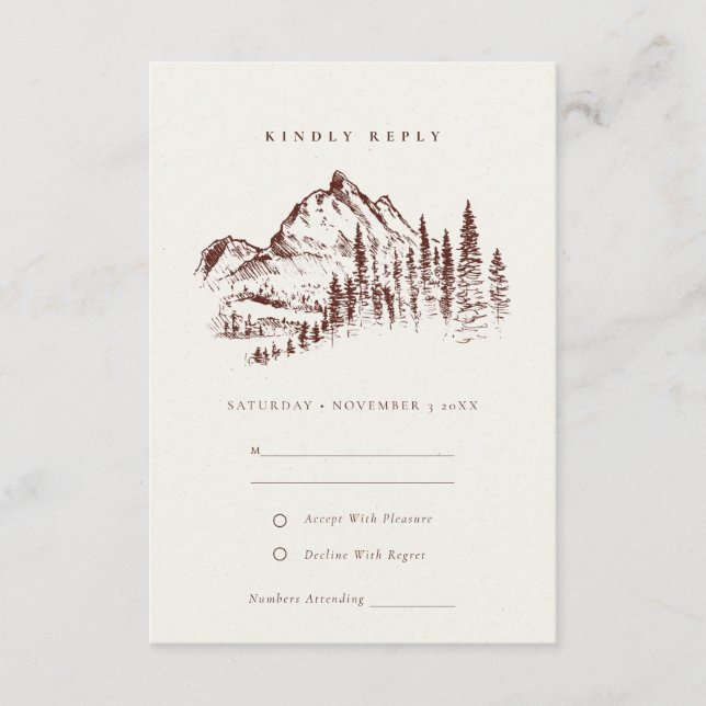 Rust Pine Woods Mountain Sketch Wedding RSVP Enclosure Card (Front)