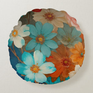 Rust, Pink and Turquoise Floral Round Cushion