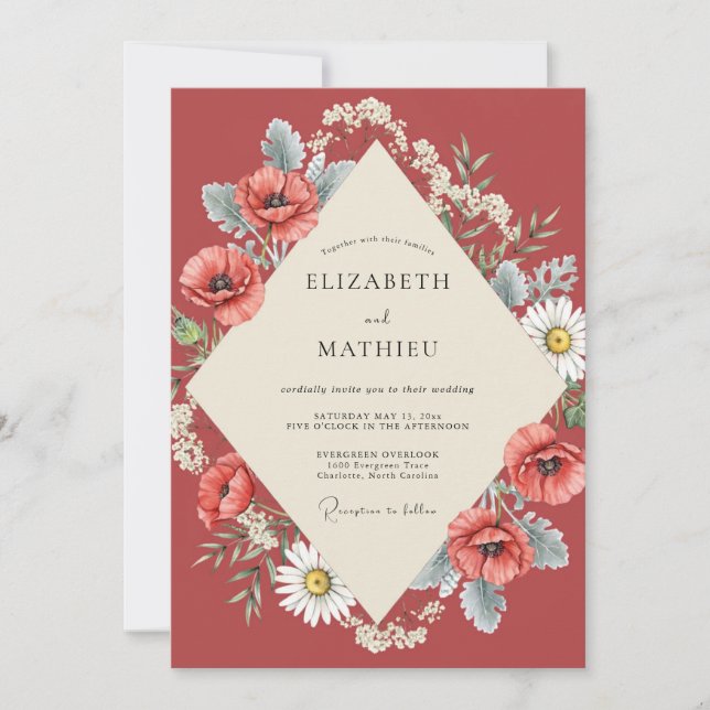 Rust Poppy Daisy Wedding Invitation (Front)