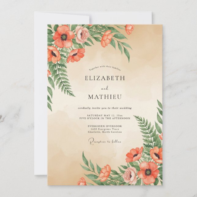 Rust Poppy Fern Wedding Invitation (Front)